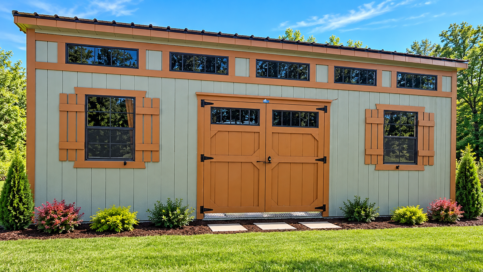 10'x20' Garden Utility Shed, Olive Green Siding, Butternut Trim, Brown Roof