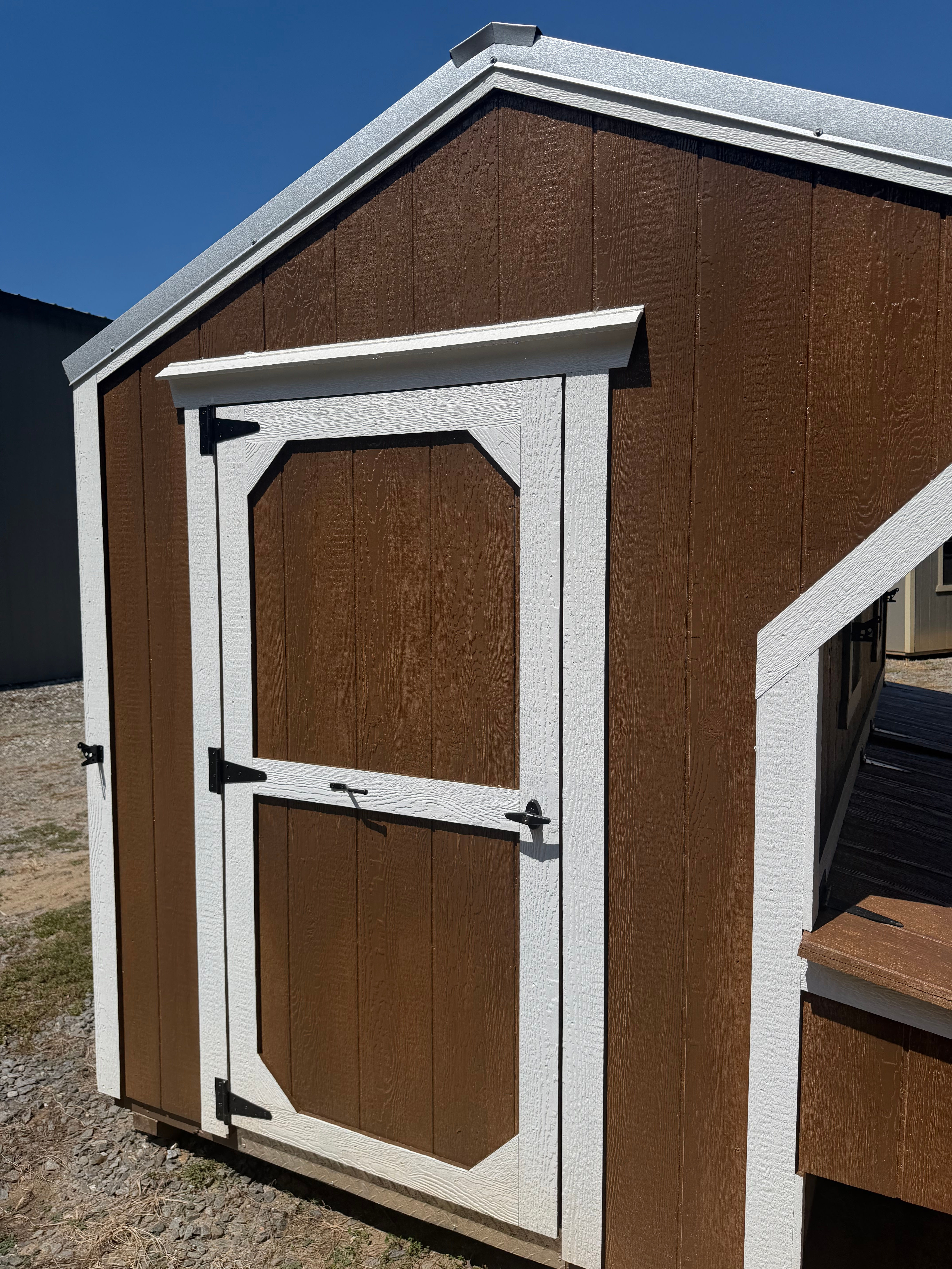 8'x12' Chicken Coop Galvalume Roof, Brown Siding white Trim