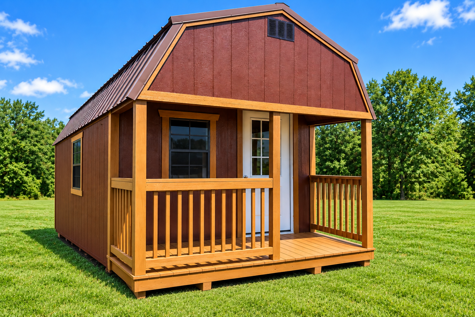 10'x24' Barn Lofted Cabin Brown Metal Roof, Red Mahogany Siding, Cedar Trim