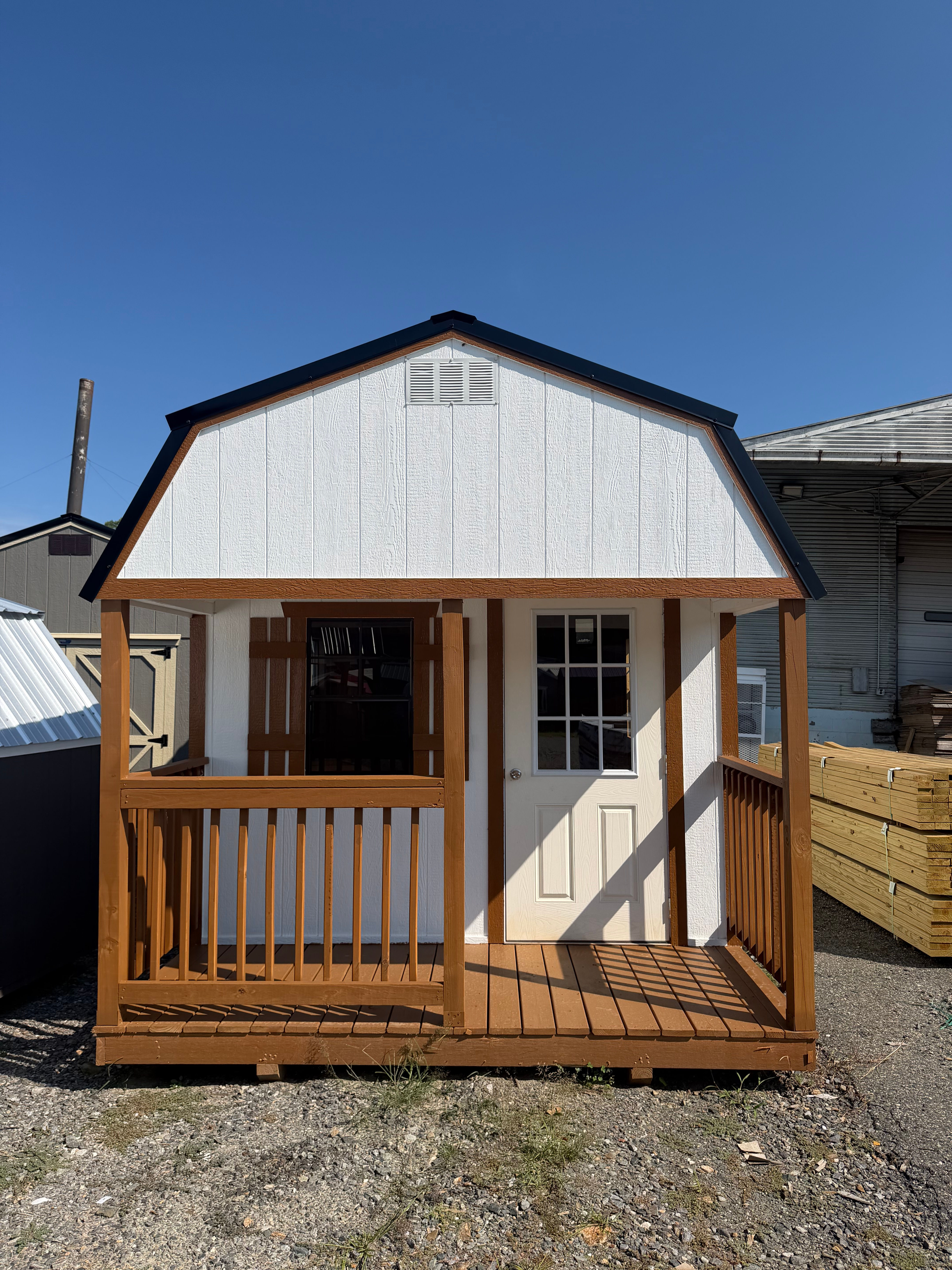10'x24' Barn Lofted Cabin Black Roof, White Siding, Butternut Trim