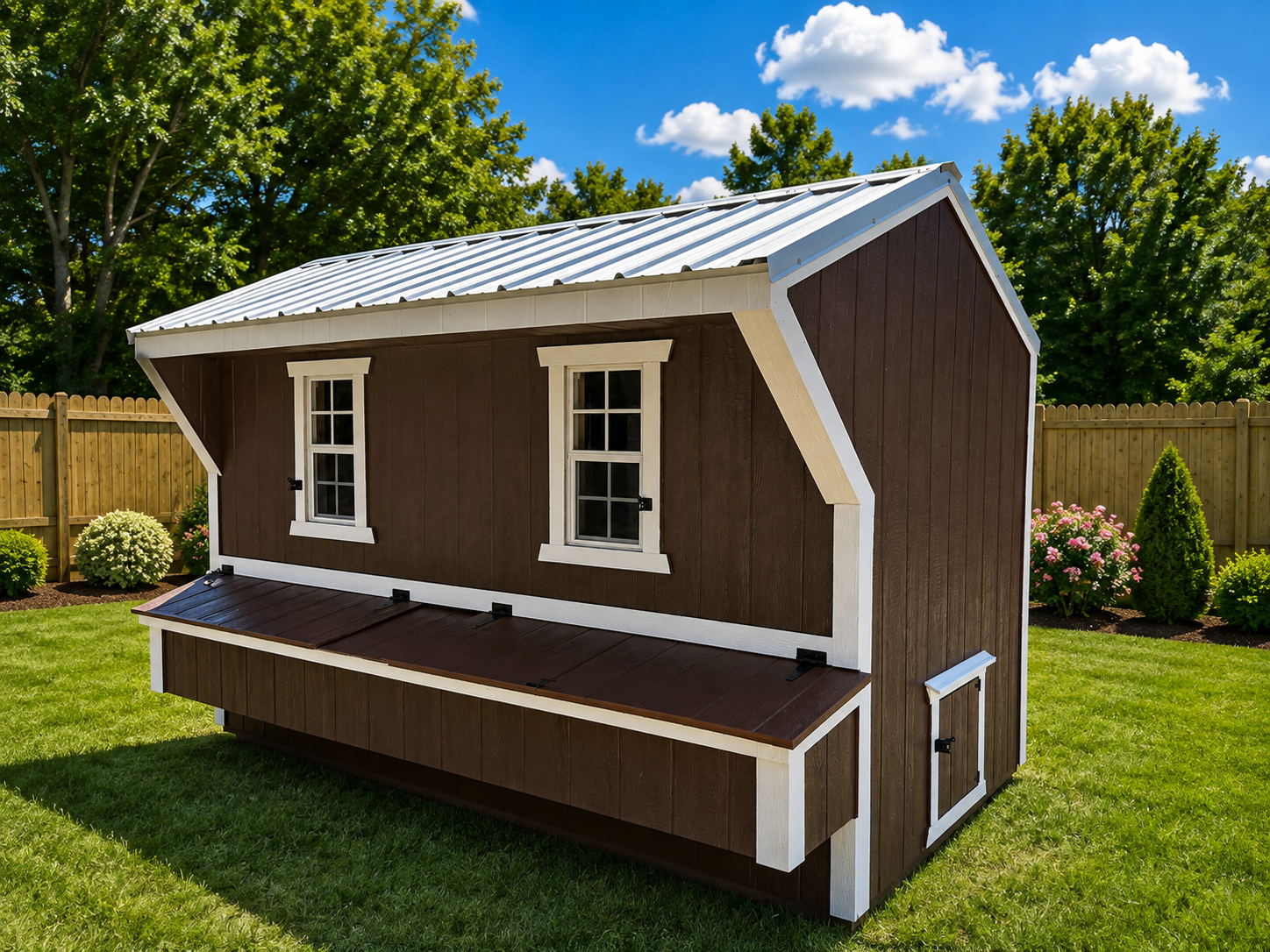 8'x12' Chicken Coop Galvalume Roof, Brown Siding white Trim