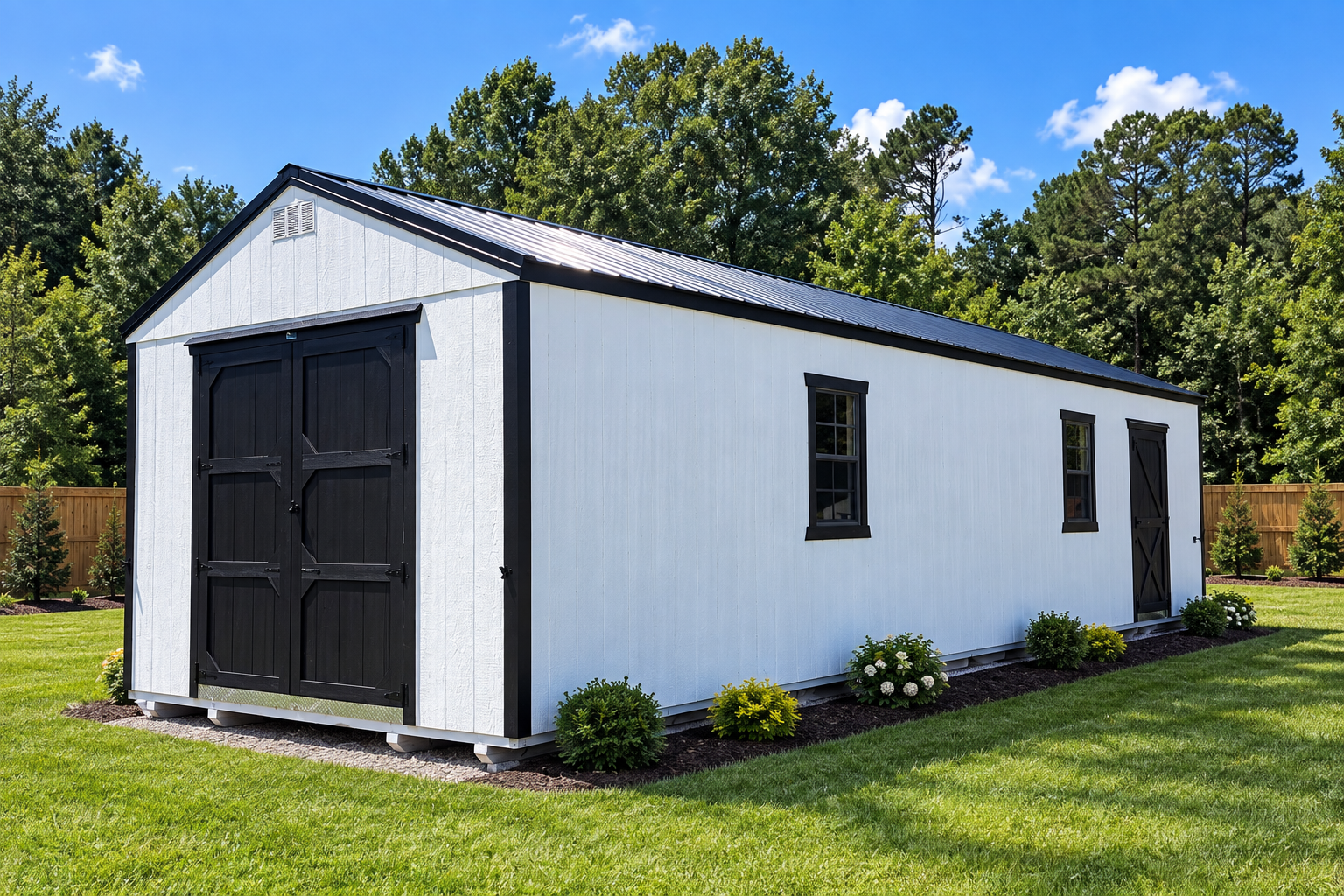 12’x36’ Side Utility Black Roof, White Siding, Black Trim,