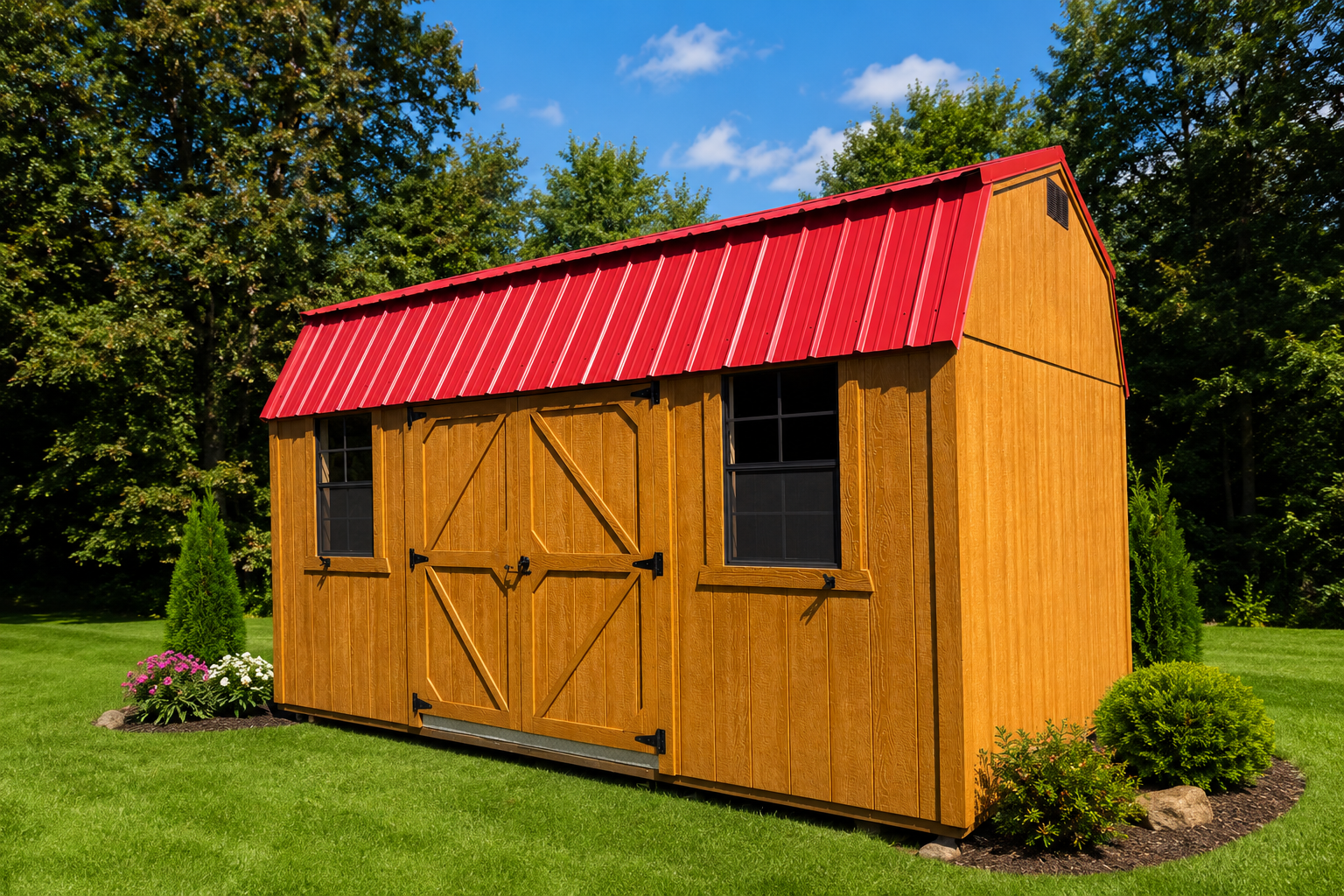 10'x16' Side lofted Barn Crimson Red Roof, Honey Gold Siding, Honey Gold Trim