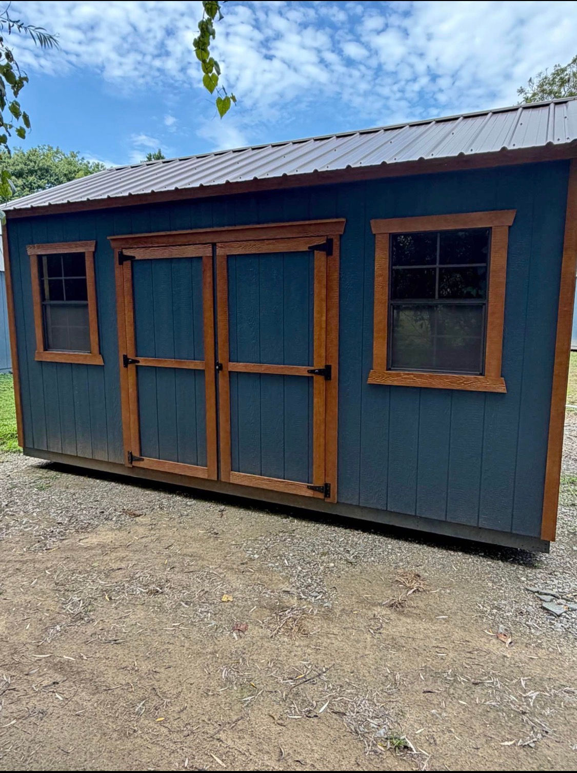 10'x16' Side Utility Shed Gallery Blue Roof, Gallery Blue Siding, Butternut Trim