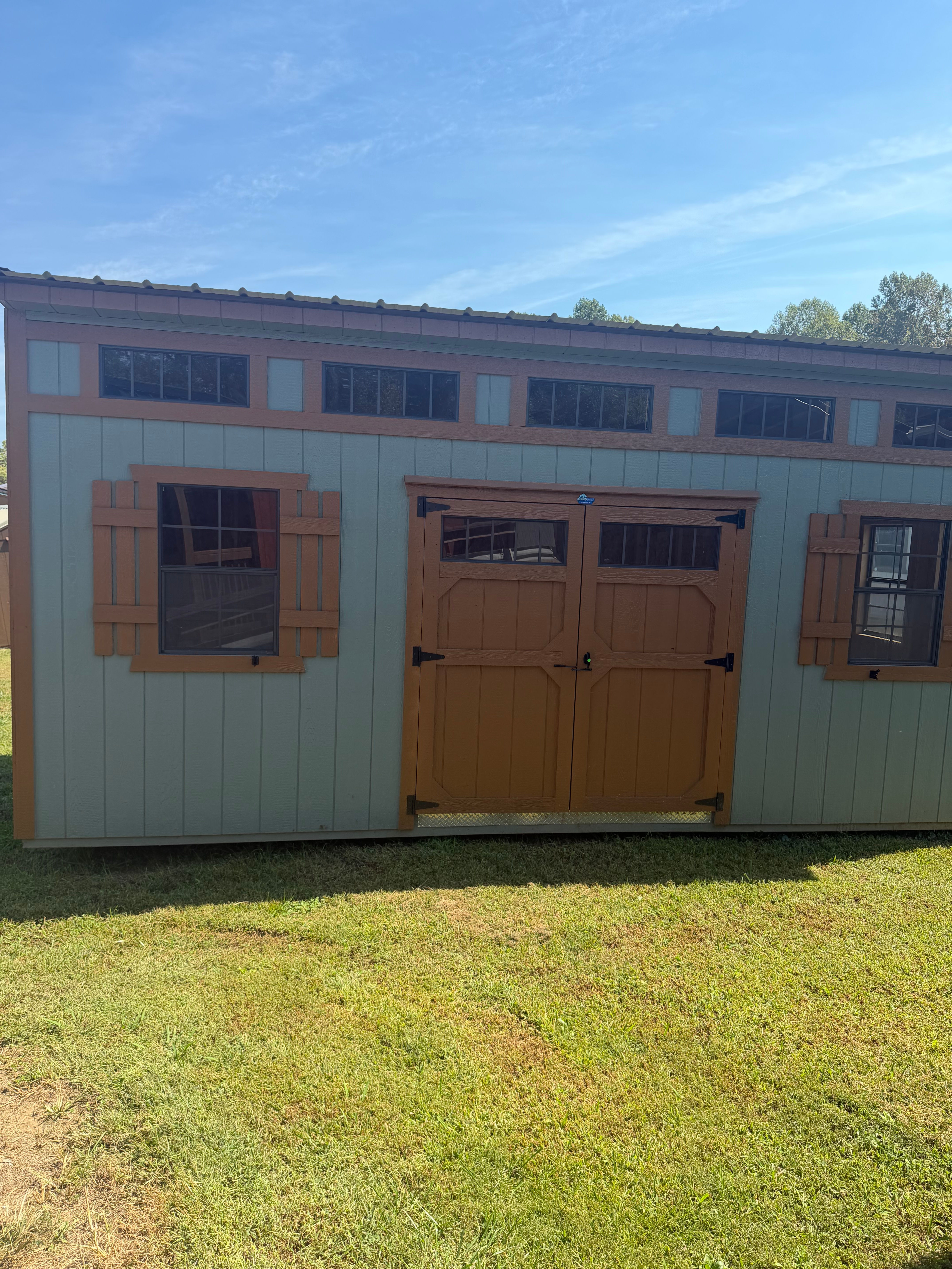 10'x20' Garden Utility Shed, Olive Green Siding, Butternut Trim, Brown Roof