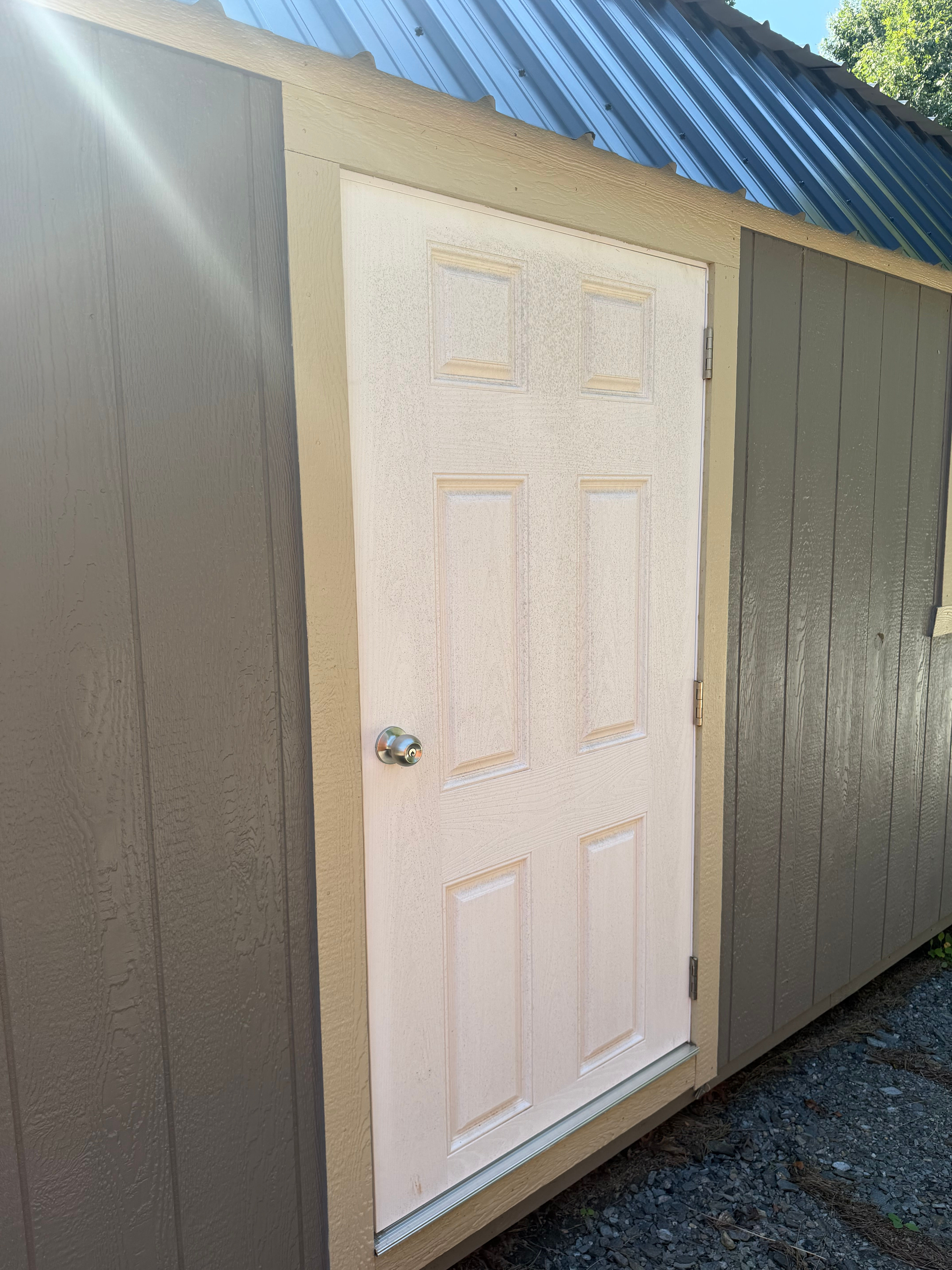12'x24' Lofted Barn Garage Black Metal Roof, Smoke Siding, Beige Trim