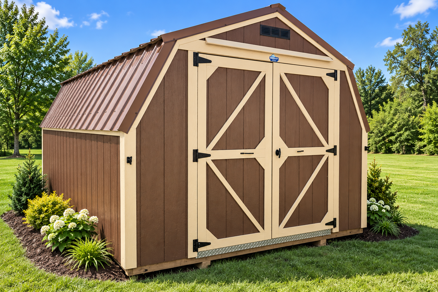 10'x16' Barn, Brown Roof, Chestnut Brown Siding, New Holland Beige Trim