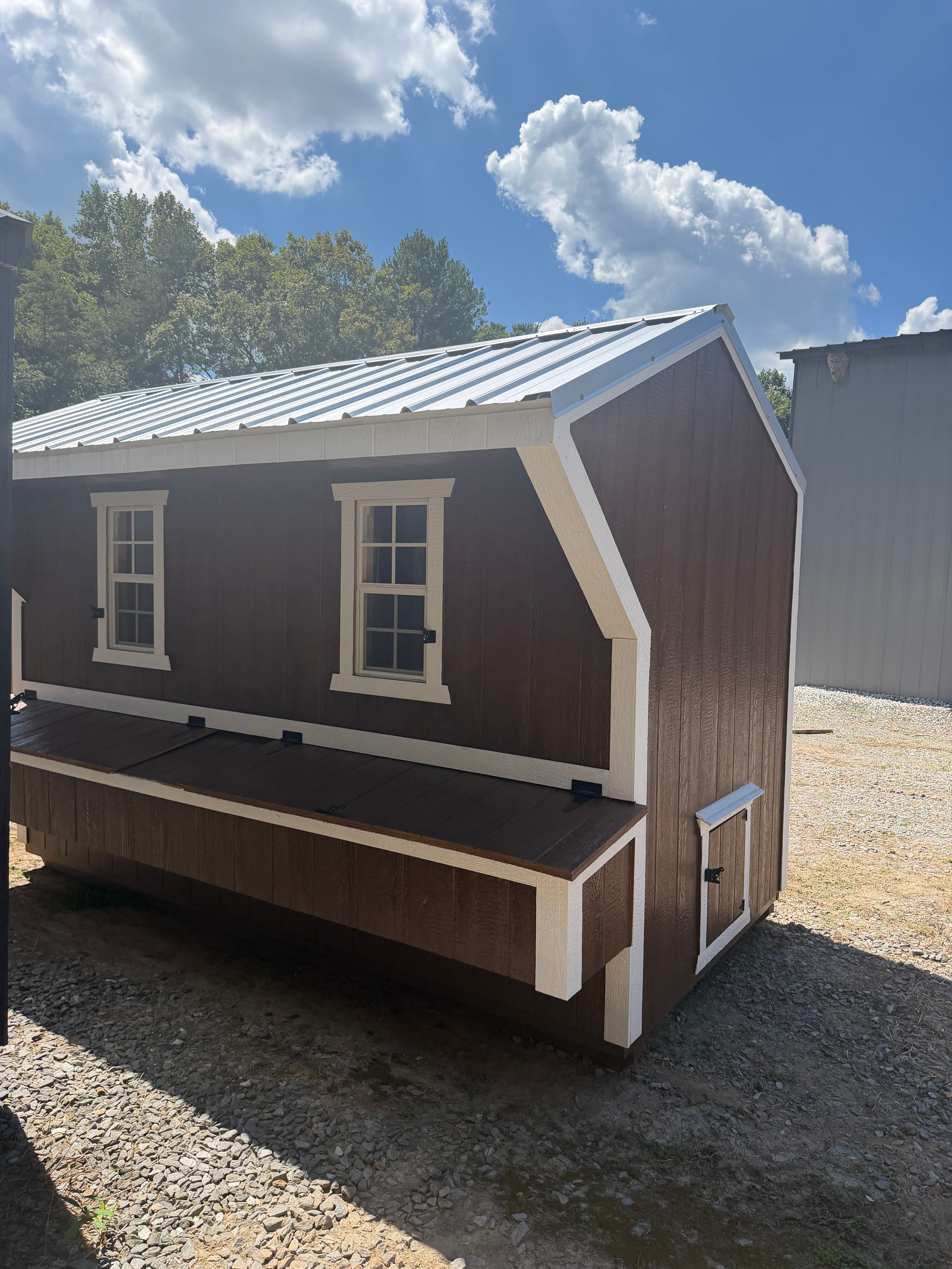 8'x12' Chicken Coop Galvalume Roof, Brown Siding white Trim