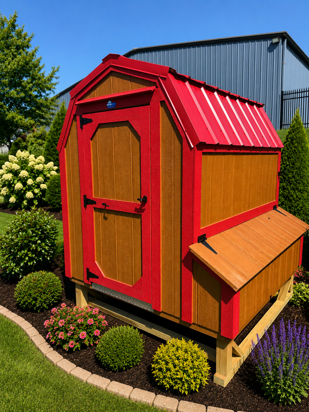 6'x6' Chicken Coop, Crimson Red Roof, Butternut Siding, Crimson Red Trim