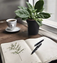 journal, pen, one plant, one coffee, vie