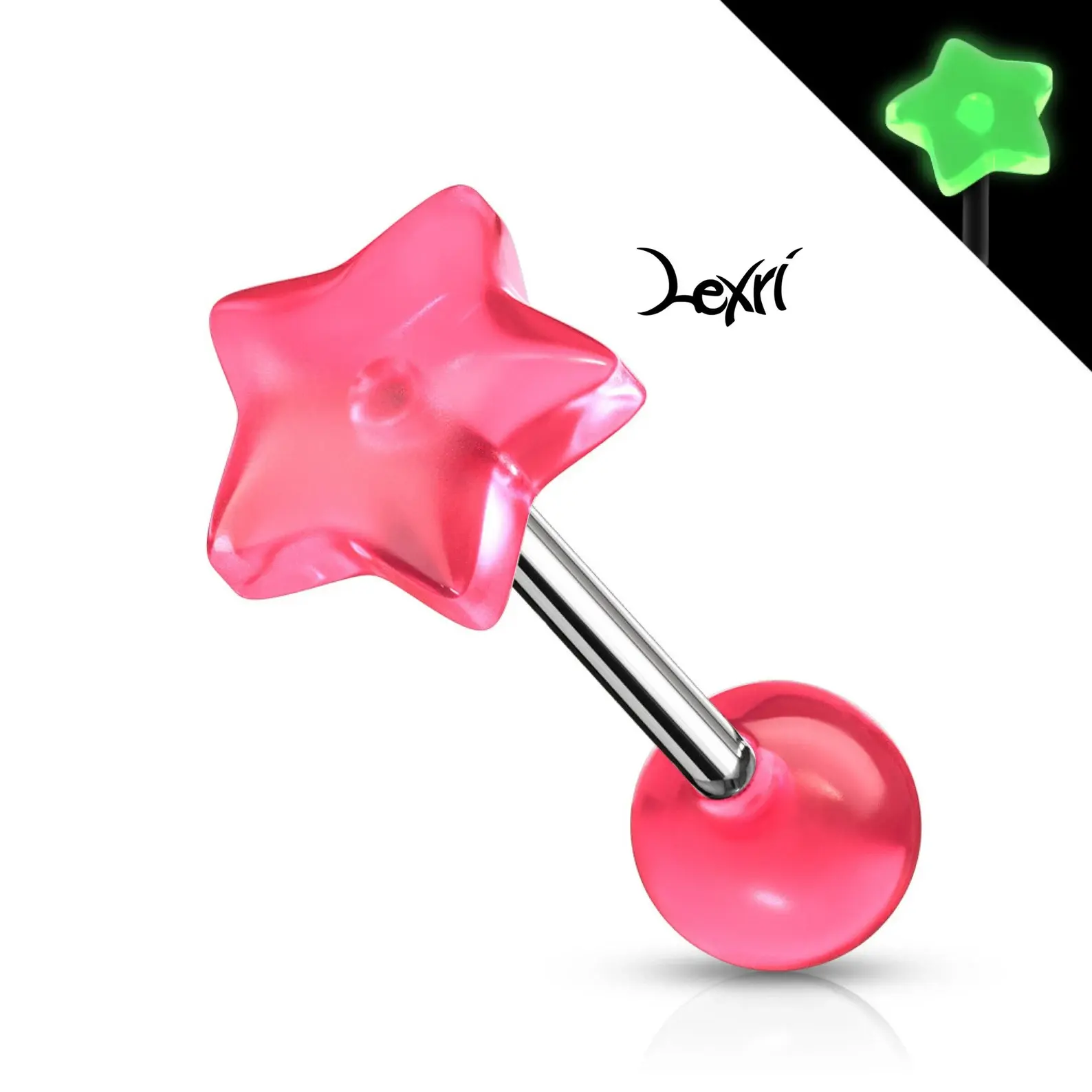 Pink Glow in the Dark Star Top 316L Surgical Steel Barbell Tongue Ring