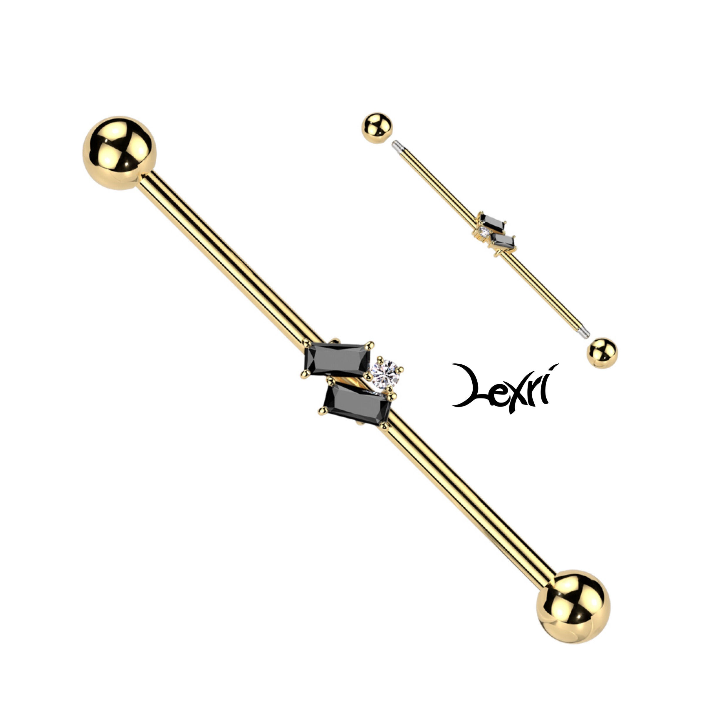 Black Double Crystal with Gold Industrial Barbell Piercing Jewlery