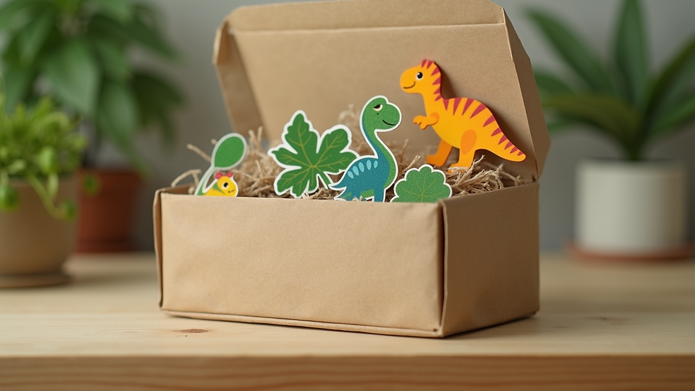Eye-level view of eco-friendly packaging with dinosaur stickers inside