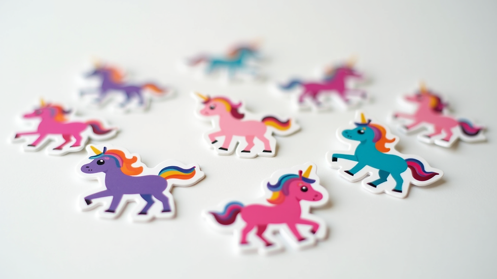 Close-up view of colourful eco-friendly unicorn stickers on a white background