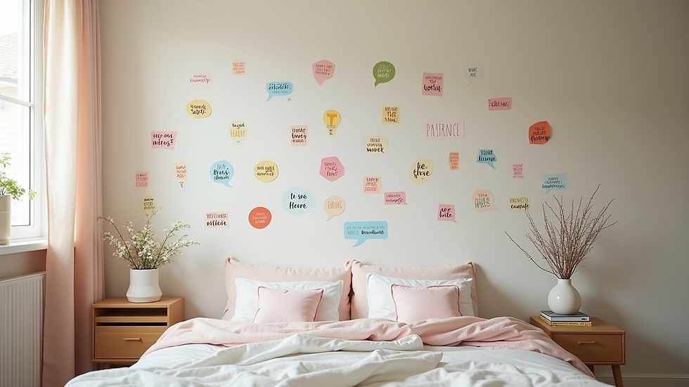 Eye-level view of a child’s bedroom wall decorated with colourful affirmation stickers
