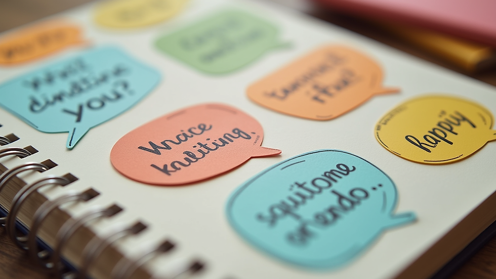 Close-up view of eco-friendly affirmation stickers on a colourful notebook