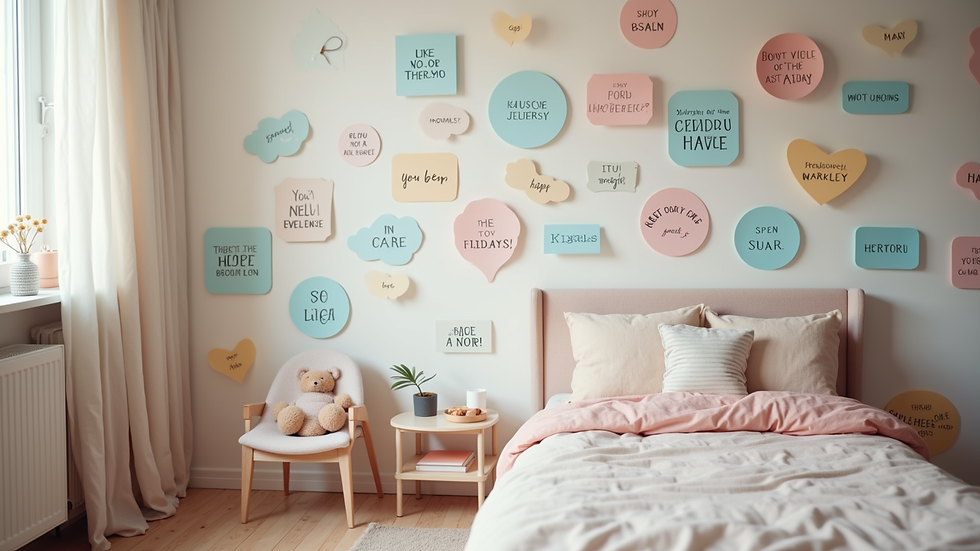Eye-level view of a child’s bedroom wall decorated with colourful affirmation stickers
