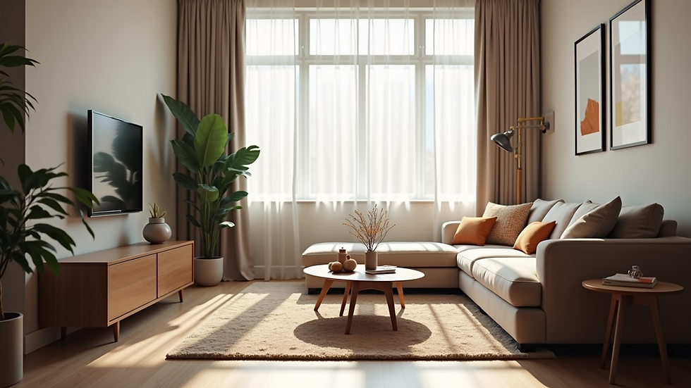 Eye-level view of a modern living room with elegant furniture and natural light