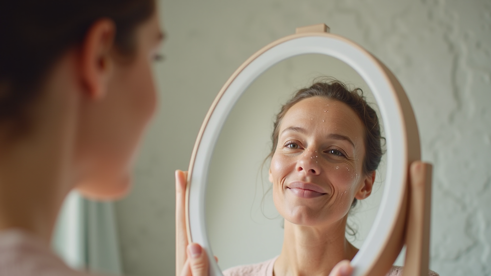 Eye-level view of smart mirror displaying skincare analysis