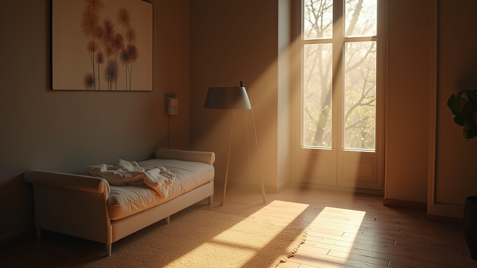 High angle view of a cozy corner with a diffuser emitting mist and soft lighting