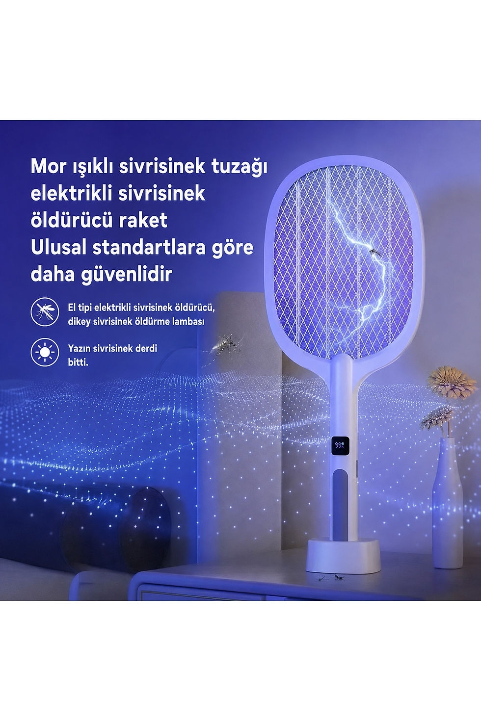 Küçük resim: Dijital Şarjlı Sinek Raketi USB Type-C Elektrikli Standlı SivrisinekRaketi