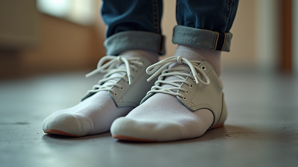 Eye-level view of thin silicone socks worn inside casual shoes
