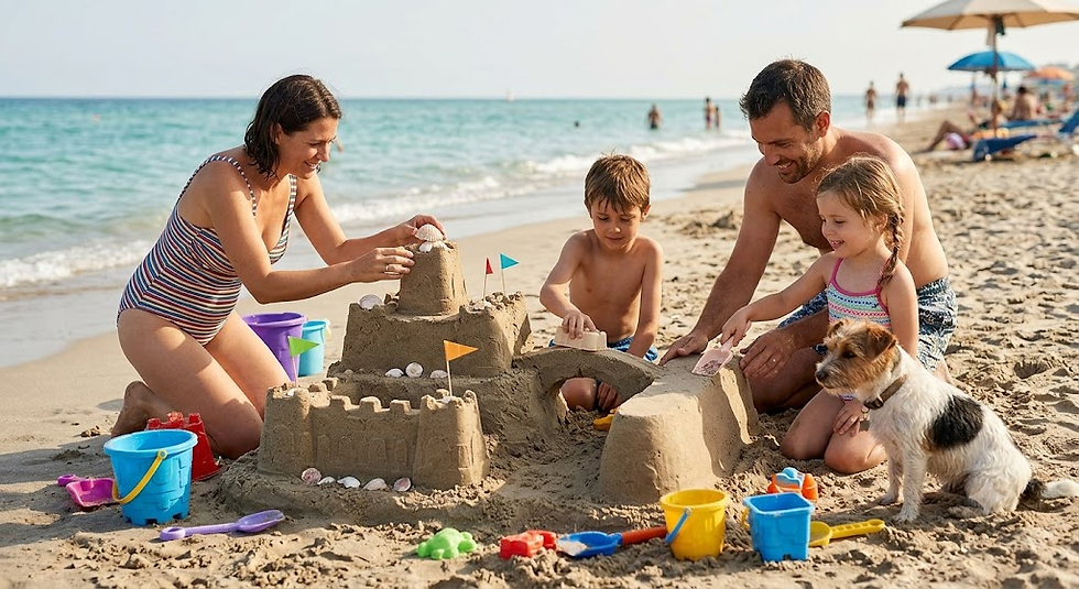 Family and dog build a sandcastle on a sunny beach, with colorful buckets and the ocean in the background. Enjoying their summer vacation