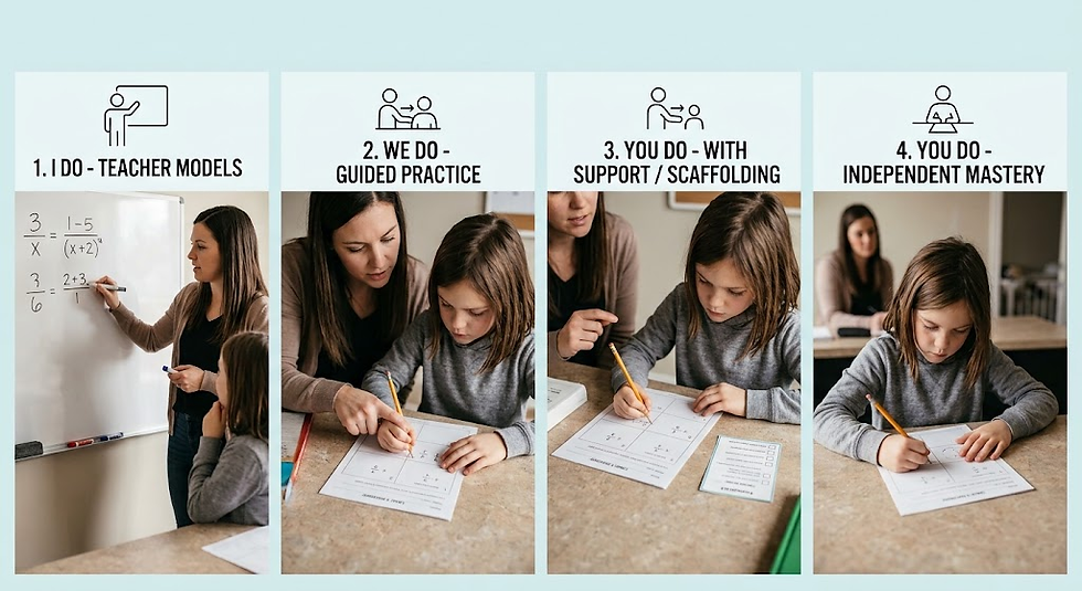 Four-panel classroom graphic: 1. I DO teacher models, 2. We do guided practice, 3. You do with support, 4. You do independently.