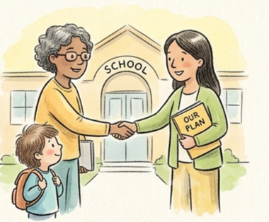 Two women shake hands outside a school while a child watches; one holds a folder labeled OUR PLAN.