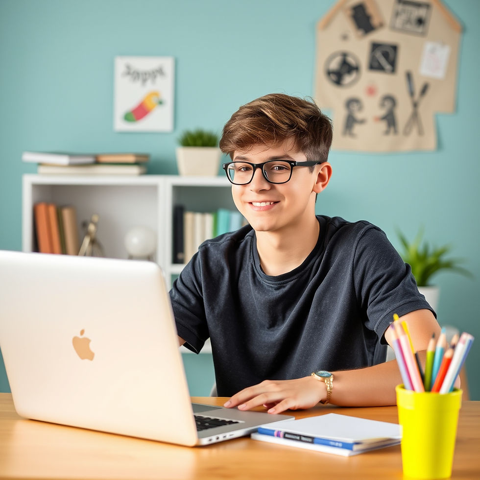 Young person smiling, using a laptop at a desk with colorful pencils, in a room with teal walls, bookshelves, and playful wall art.