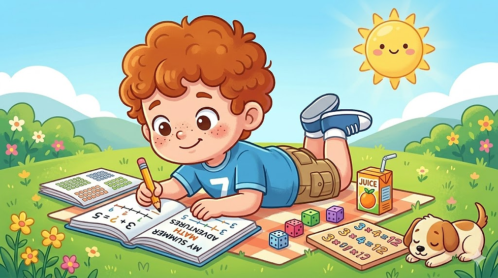 Smiling boy lies on a picnic blanket doing math in a workbook, with blocks, juice box, and sleeping puppy in a sunny meadow.