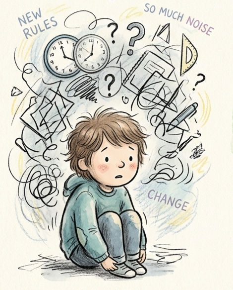 Worried child sits amid swirling clocks, question marks and school items, with text New Rules, So Much Noise, and Change.