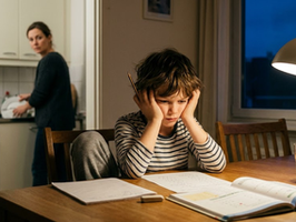 Boy sits at a dining table doing homework under a lamp, looking frustrated, while a woman works in the kitchen at night.