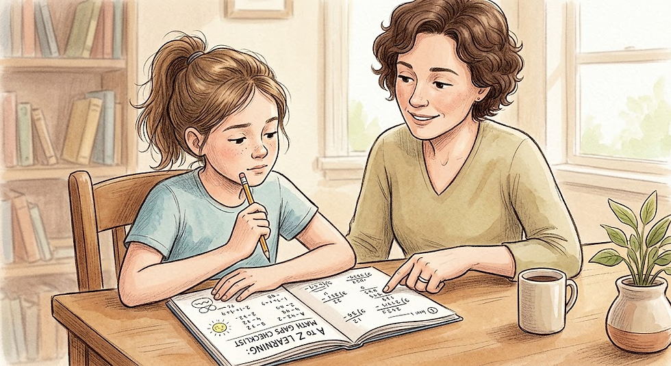 Mother helps daughter with math homework at a wooden table in a cozy sunlit room, with a mug and plant nearby.