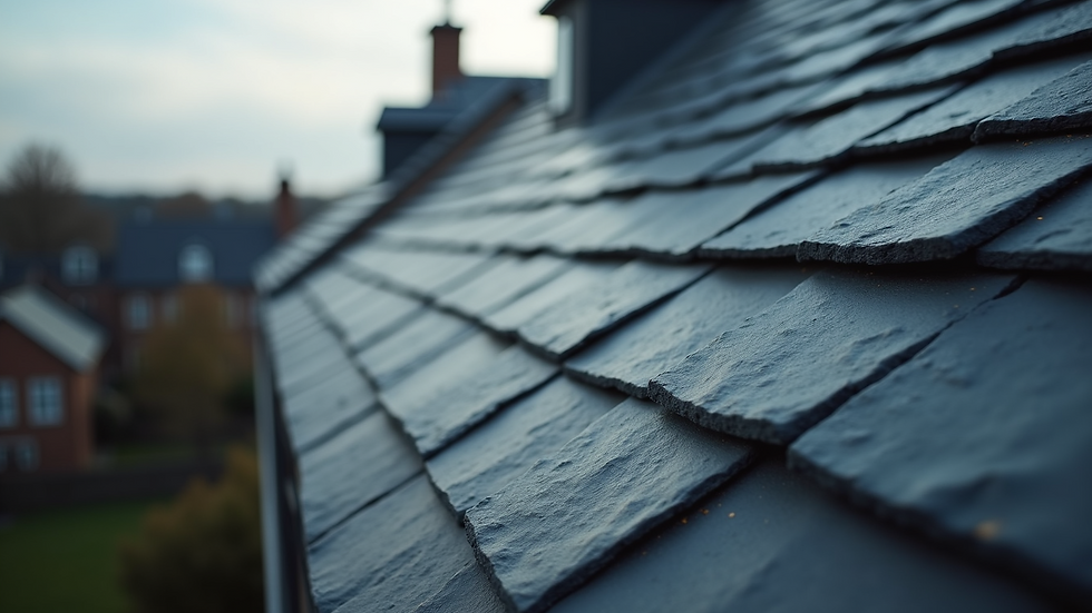 High angle view of slate roofing tiles on a residential home