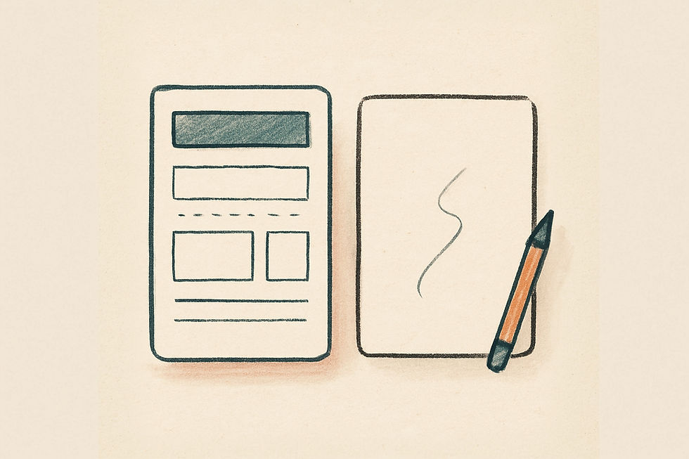 A hand-drawn illustration on warm textured paper showing two sheets: one rigid template with boxes and lines, and one blank page with a single freeform pencil stroke. A pencil rests beside the blank page, symbolizing structure versus creative freedom.