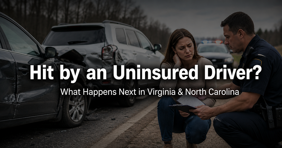 Damaged vehicles at a roadside accident as an injured woman speaks with a police officer, with text reading “Hit by an Uninsured Driver? What Happens Next in Virginia & North Carolina.”