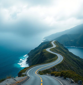An artistic wide shot of a winding mountain road leading down to the ocean, blending eleme