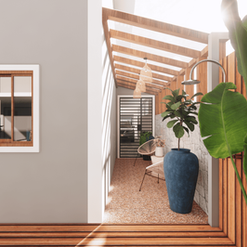 Corredor com piso de madeira e plantas | Studio Conceitual
