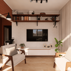 Sala de estar com estante escura e madeira | Studio Conceitual