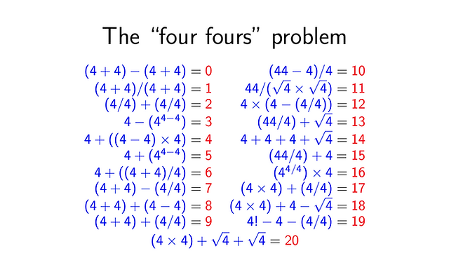 The Four Fours Puzzle: To Infinity and Beyond! the-four-fours-puzzle-to-infinity-and-beyond