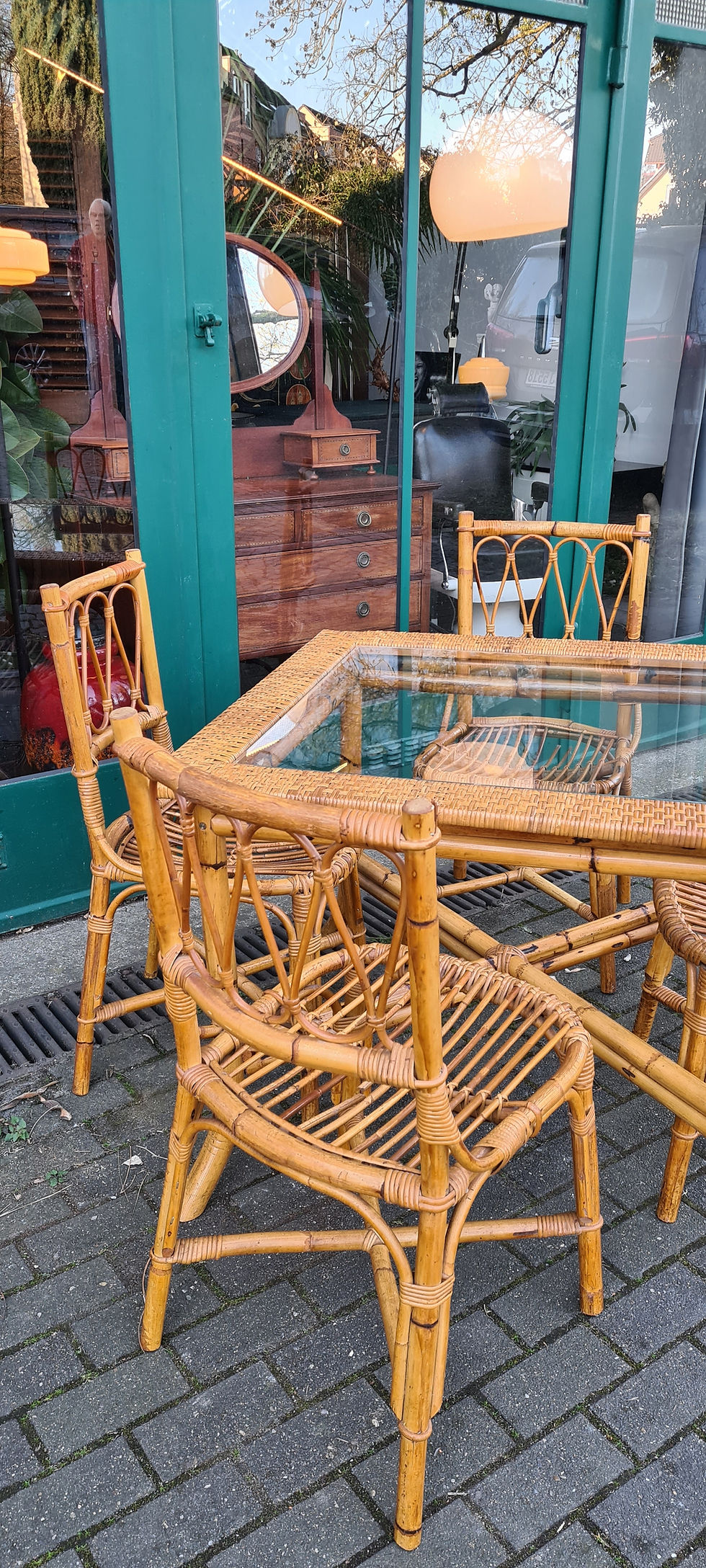 Miniaturbild: Vintage Bambus / Rattan SET Esstisch & 4 Stühle