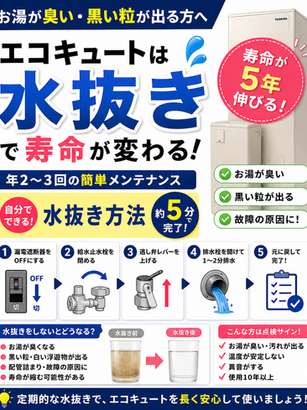 【お湯が臭い・黒い粒が出る方へ】エコキュートは水抜きで寿命が変わる？年2〜3回の簡単メンテナンス方法