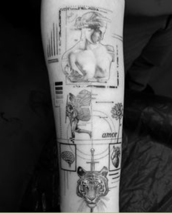 tatuagem no antebraço, composição de vários elementos e figuras