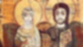 Icône du monastère de Baouit en Moyenne Égypte. Datée du VIIIe siècle. Le Christ (reconnaissable aisément à son nimbe portant une croix) et l’abbé Ména, le supérieur du monastère à cette époque.