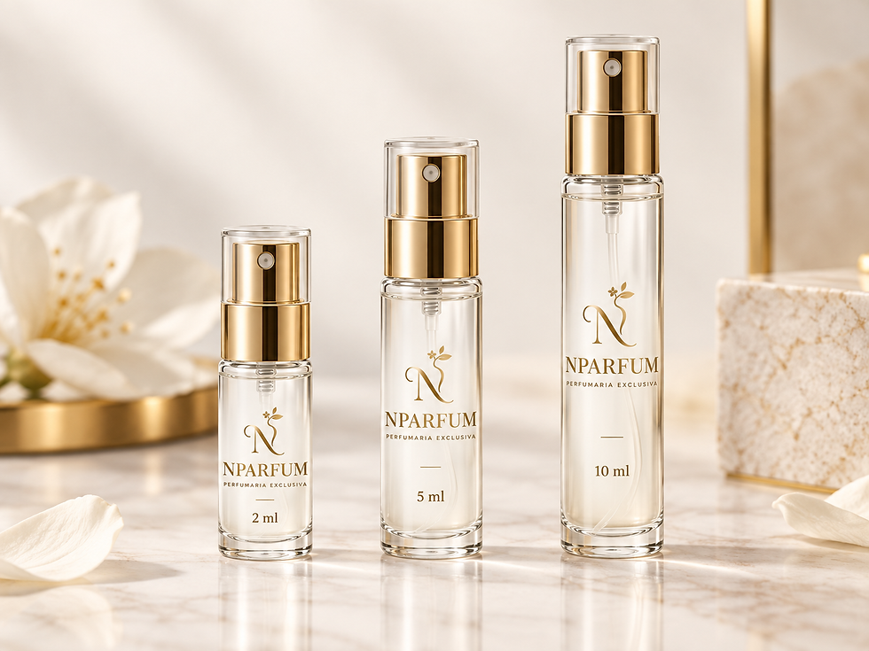 Três frascos transparentes de perfume NPARFUM com detalhes dourados sobre mármore
