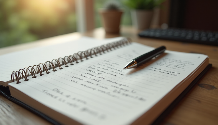 Eye-level view of a notebook with handwritten notes and a pen on a wooden desk