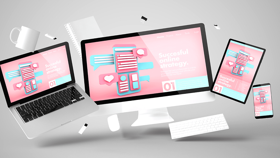 Floating laptop, desktop, tablet, and phone display a pink "Successful online strategy" webpage. Gray background, USBs, and coffee mug visible.