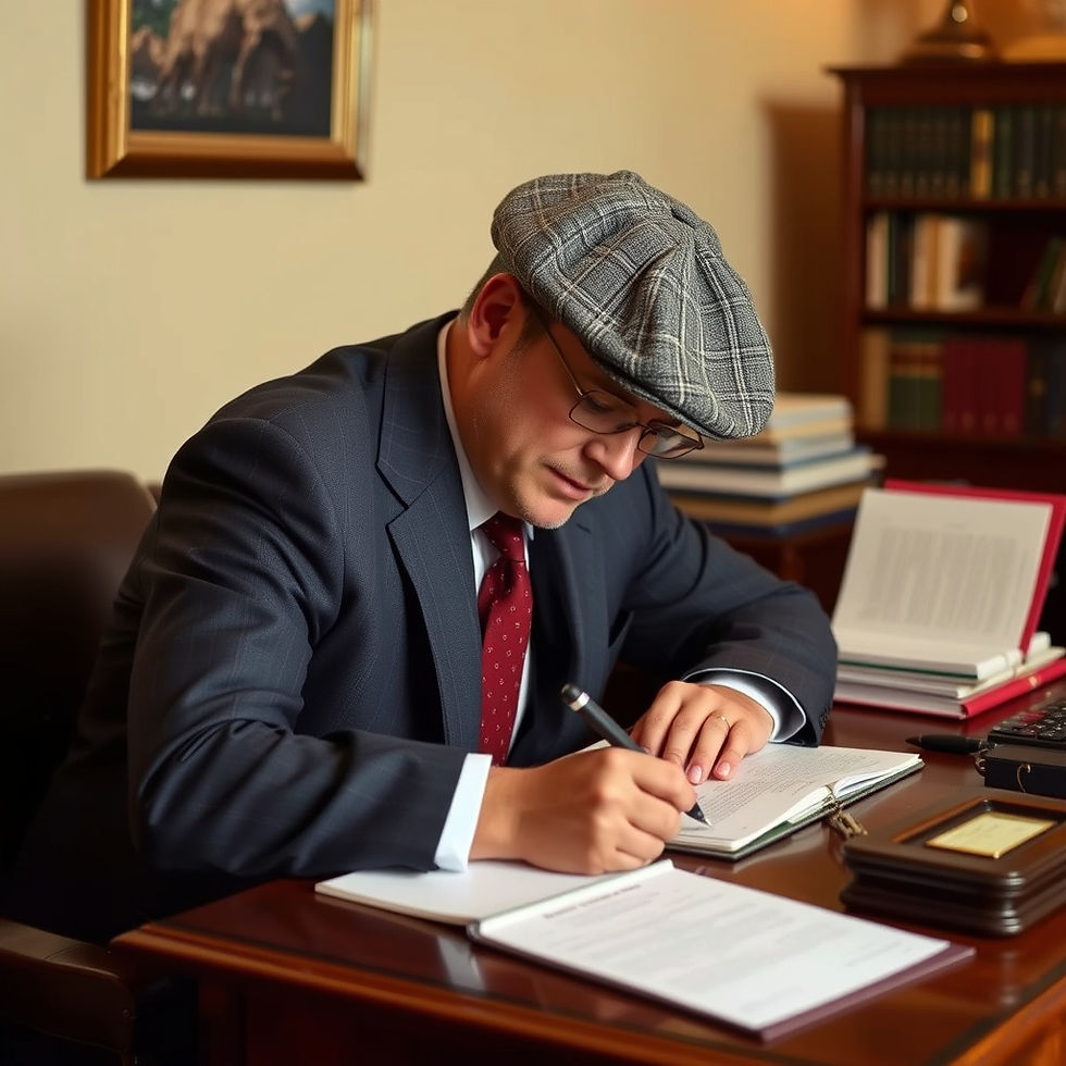 Man in a suit and flat cap writing in a notebook at a wooden desk, surrounded by books in a cozy office. Warm lighting, focused mood.