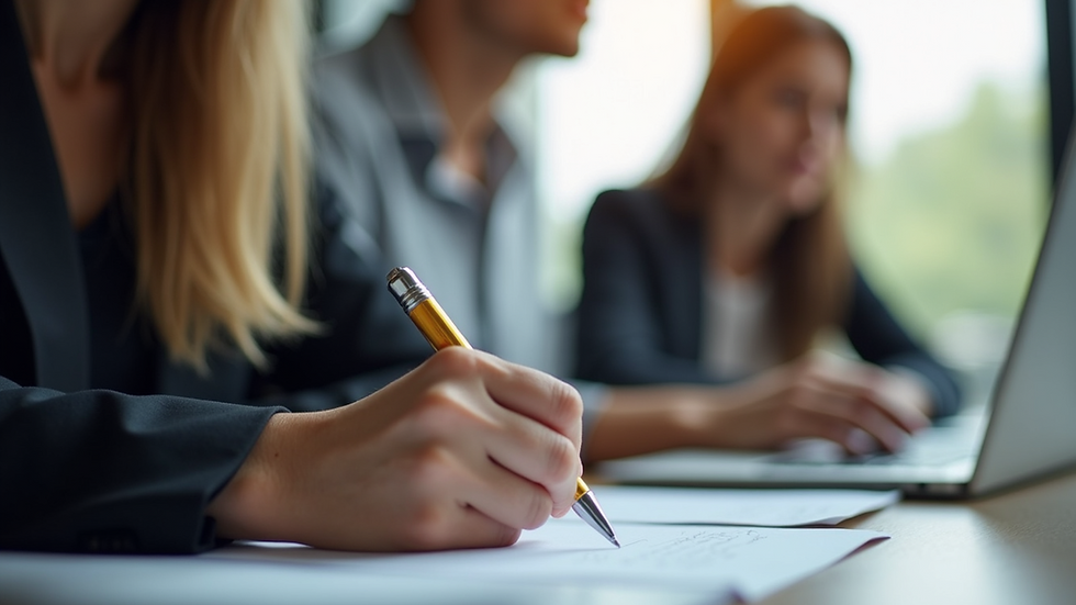 Eye-level view of a woman writing notes in a leadership development workshop
